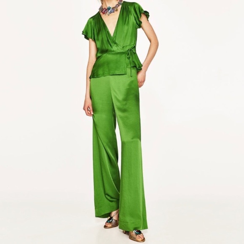 Zara Satin Effect Green Wrap Tie Strings Shirt